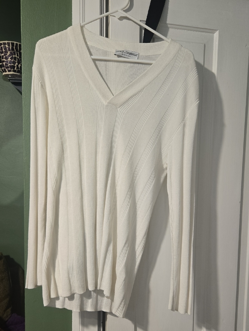 Dolce & Gabbana Off-White V-Neck Ribbed Knit Sweater